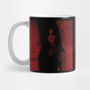 Portrait, digital collage and special processing. Somewhat scary, but pleasant girl. Dark side. Red. Mug